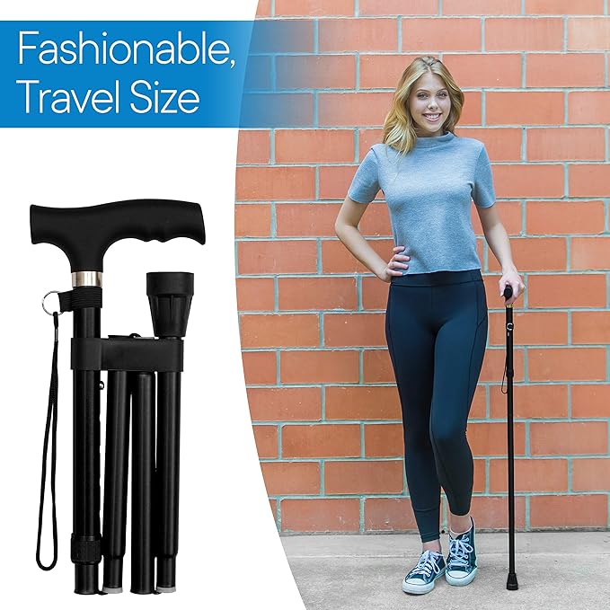 RMS Folding Cane - Foldable Walking Cane with Adjustable Height - Collapsible and Lightweight - Soft Ergonomic Handle for Comfortable Grip - Portable Walking Stick for Mobility Aid