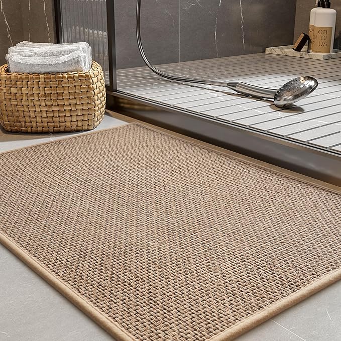 PADOOR Non-Slip Bath-Mats for Bathroom, Rubber-Backing Braided Absorbent Bathroom Mat Machine Washable Thin Bathroom Rugs Fit Under Door Quick Dry Bath Rugs for Floor, 17''x30'' Beige