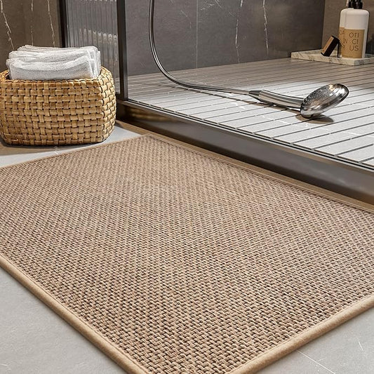 PADOOR Non-Slip Bath-Mats for Bathroom, Rubber-Backing Braided Absorbent Bathroom Mat Machine Washable Thin Bathroom Rugs Fit Under Door Quick Dry Bath Rugs for Floor, 17''x30'' Beige