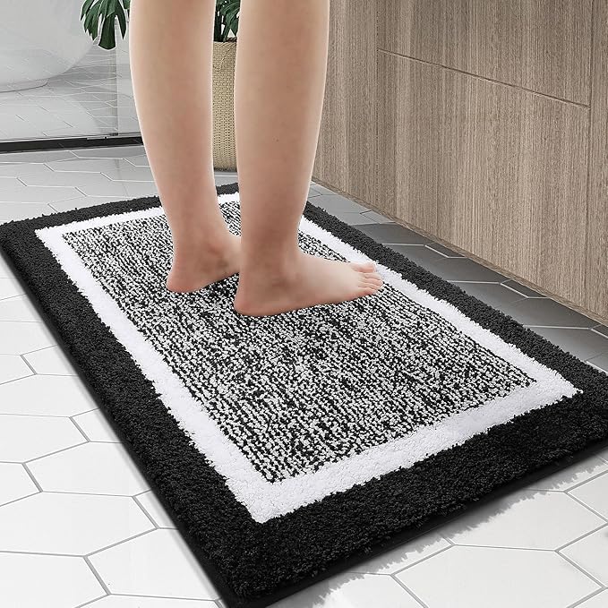 OLANLY Bathroom Rugs 24x16, Extra Soft and Absorbent Microfiber Bath Mat, Non-Slip, Machine Washable, Quick Dry Shaggy Bath Carpet, Suitable for Bathroom Floor, Tub, Shower (Small, Black)