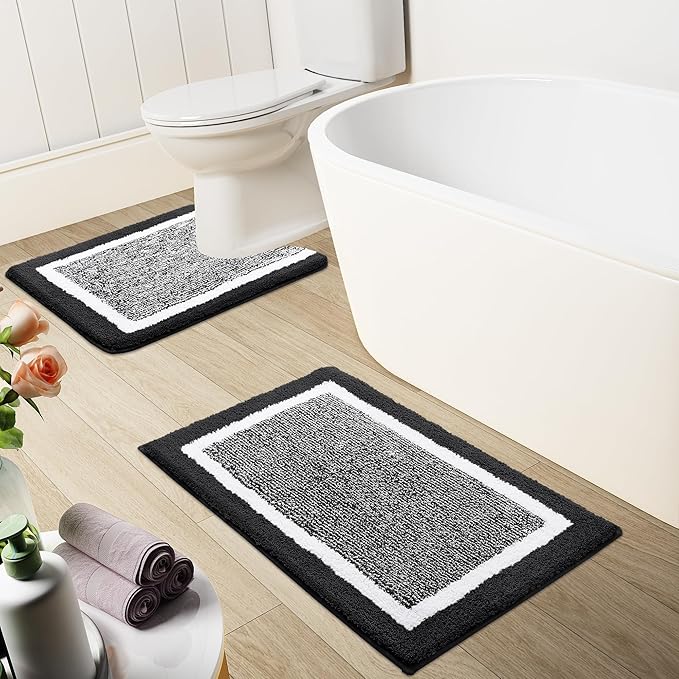 OLANLY Toilet Rugs U-Shaped 24x20, Extra Soft and Absorbent Microfiber Bathroom Rugs, Non-Slip, Machine Wash Dry, Plush Shaggy Contour Bath Mats for Toilet Base (Black and White)