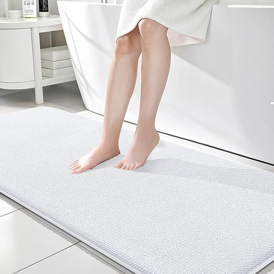 OLANLY Thick Memory Foam Bath Mat Rug 70x24, Extra Soft Absorbent Bathroom Rug, Quick Dry Bath Mats, Non-Slip, Machine Washable Carpet for Bathroom, Tub and Shower, Home Decor Accessories, White