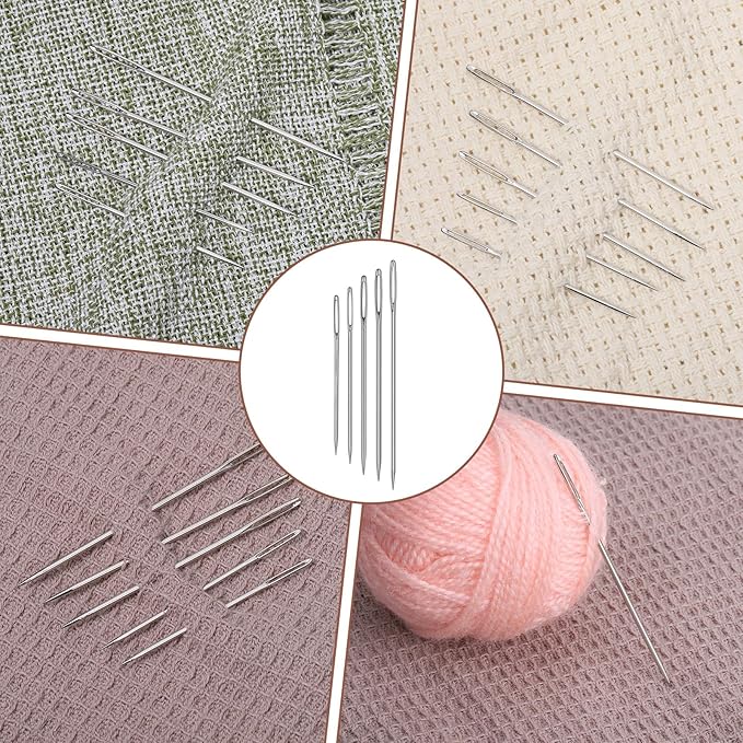 50 Pcs Large Eye Sewing Needles, 5 Sizes Embroidery Blind Needles Kit with Wooden Needle Box, Stainless Steel Yarn Knitting Needles for DIY Sewing Projects