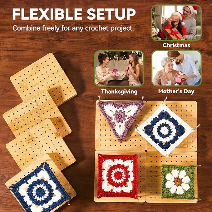 4-Pack 4.7" Crochet Blocking Boards with 25 Steel Pins Pegs, Assembles into 9.4" Standable Granny Square Blocking Board for Crochet Projects, for Crocheting and Knitting, 4 in 1 Gifts for Crocheter
