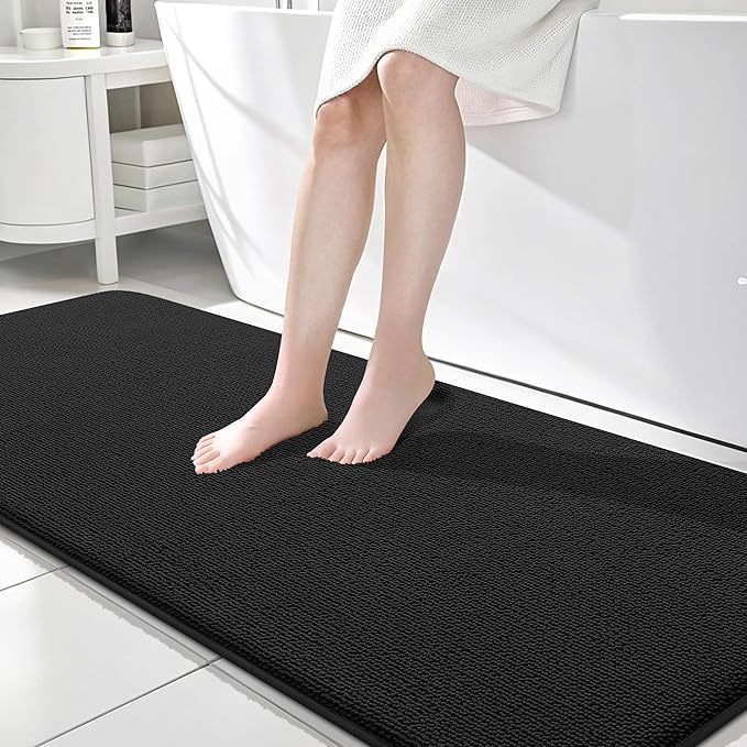 OLANLY Thick Memory Foam Bath Mat Rug 70x24, Extra Soft Absorbent Bathroom Rug, Quick Dry Bath Mats, Non-Slip, Machine Washable Carpet for Bathroom, Tub and Shower, Home Decor Accessories, Black