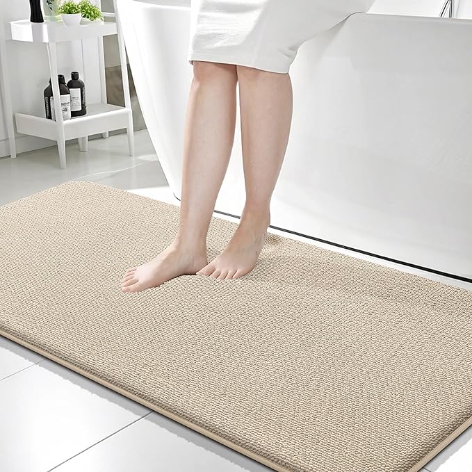 OLANLY Thick Memory Foam Bath Mat Rug 59x24, Extra Soft Absorbent Bathroom Rug, Quick Dry Bath Mats, Non-Slip, Machine Washable Carpet for Bathroom, Tub and Shower, Home Decor Accessories, Beige