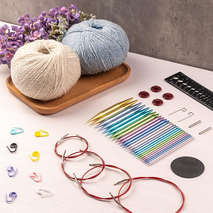 Ruidi Interchangeable Aluminum Circular Knitting Needles Set - 13 Pairs of 4 Inch (10cm) Needles with 4 Cables, Needle Holders & Leather Bag - Perfect for Smooth Knitting & Versatile Projects