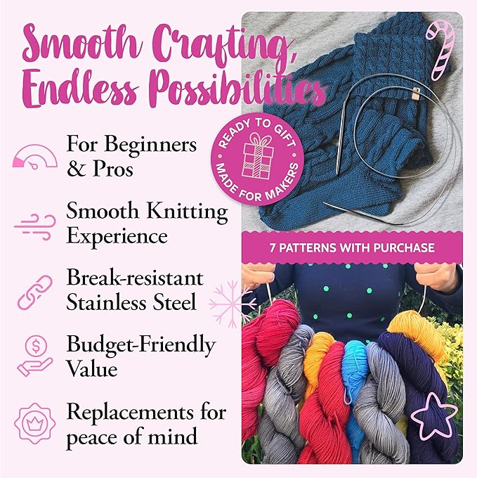 KnitPal 47-Inch Circular Knitting Needles Set of 5 | Extra-Long Stainless Steel with Flexible Cable | US Sizes 4–8 (3.25–5mm) | Perfect for Magic Loop & Large Projects