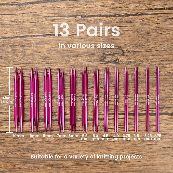 SLPLIRS Circular Knitting Needles Set, 13 Sizes Long Aluminium Interchangeable Circular Knitting Needles Set with Case & Accessories, 5" (13cm) | (2.75mm to 10mm) (Fuchsia)