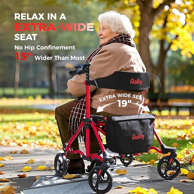 Rollator Walkers for Seniors with Seat, Lightweight Ultra-Compact Travel Rolling Walker, 350lbs Capacity, Heavy-Duty Extra-Wide Seat, Easy Folding, Height Adjustable for Tall Over 6ft, 8" Big Wheels