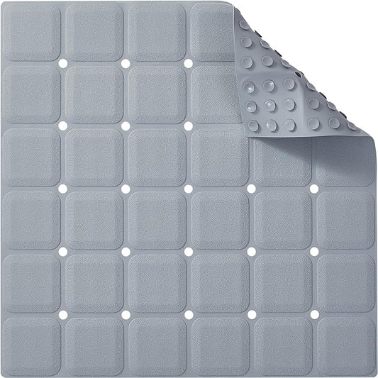Anti Slip Shower Mat for Tub & Shower Stall, 21" x 21" Square Silicone Bathtub Mat with Powerful Suction Cups, Fast-Draining, Machine Washable Soft Foldable Bathroom Mat, Grey