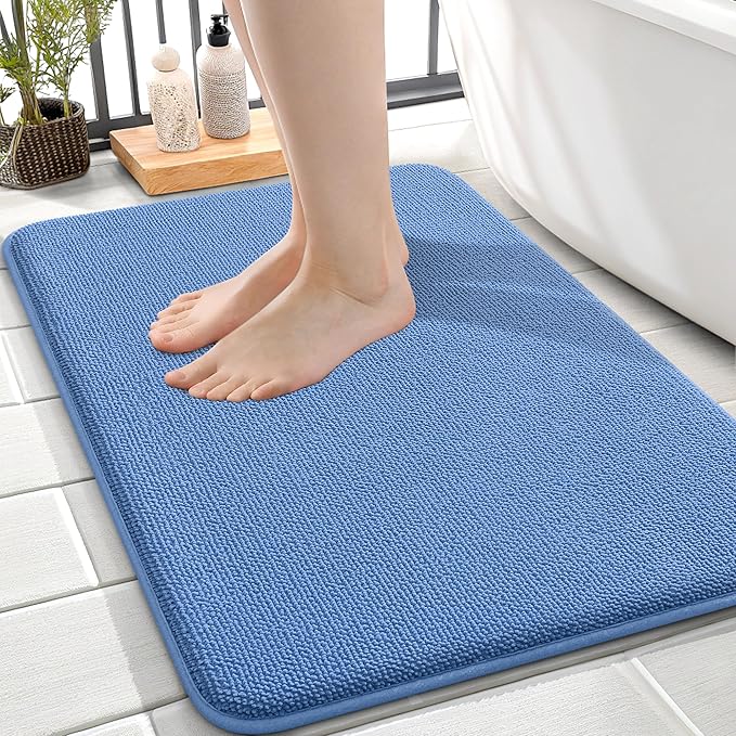 OLANLY Thick Memory Foam Bath Mat Rug 24x16, Extra Soft Absorbent Bathroom Rug, Quick Dry Bath Mat, Non-Slip, Machine Washable Carpet for Floor, Tub and Shower, Home Decor Accessories, Cornflower Blue
