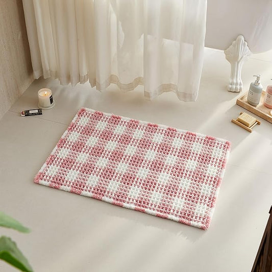 Waffle Bath Mat, Boho Bathroom Rugs Non Slip Washable Absorbent Checkered Bathroom Mat Quick Dry Cute Bath Mat, 24"x16" Pink and White
