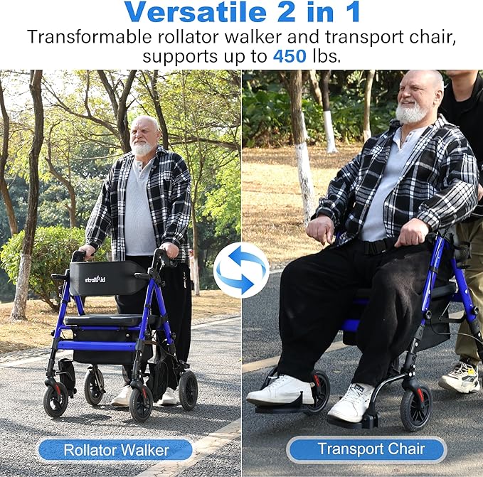 Walkers for Seniors,Heavy Duty Rollator Walker Wheelchair Combo, 2 in 1 Rollator Transport Chair with Brakes, 450 lb Rolling Walker 10" Big Wheels for All Terrain, Blue