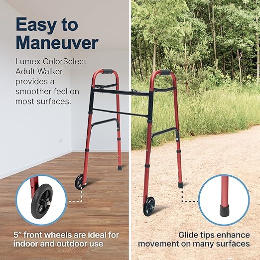 Lumex ColorSelect Walker, Lightweight & Folding 2-Wheel Walker for Adults & Seniors, Red