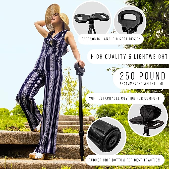 Darza Adjustable Cane with Seat - Walking Stick with Seat, Cane Stool, Lightweight Aluminum and Ergonomic Design, Includes Removable Cushion and Carry Bag with Pocket Storage