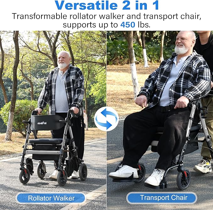 Walkers for Seniors,Heavy Duty Rollator Walker Wheelchair Combo, 2 in 1 Rollator Transport Chair with Brakes, 450 lb Rolling Walker 10" Big Wheels for All Terrain, Grey