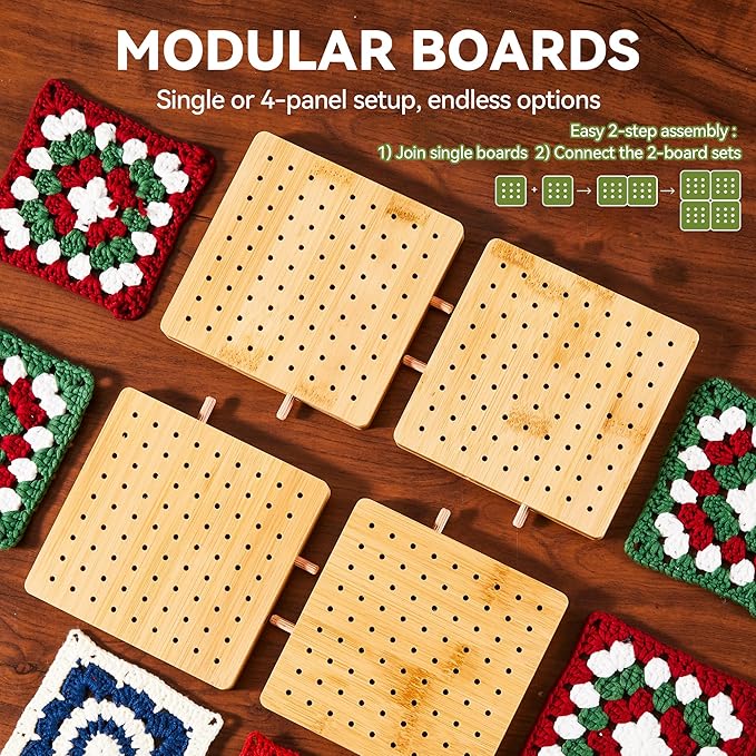 4-Pack 4.7" Crochet Blocking Boards with 25 Steel Pins Pegs, Assembles into 9.4" Standable Granny Square Blocking Board for Crochet Projects, for Crocheting and Knitting, 4 in 1 Gifts for Crocheter