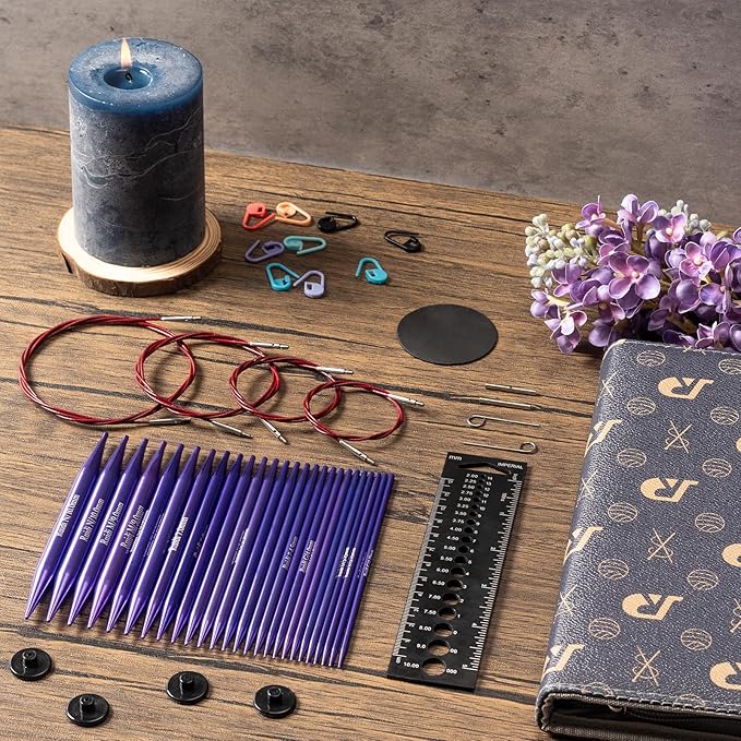 SLPLIRS Circular Knitting Needles Set, 13 Sizes Long Aluminium Interchangeable Circular Knitting Needles Set with Case & Accessories, 5" (13cm) | (2.75mm to 10mm) (Purple)