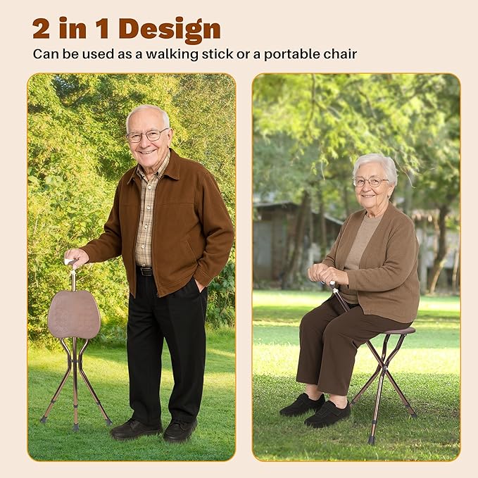 UNLICON-Brown Folding Cane Stool with Seat – Lightweight Adjustable Walking Cane for Seniors, Ergonomic Design, 330 lbs Capacity, Portable and Convenient Cane Chair with Anti-Slip Feet