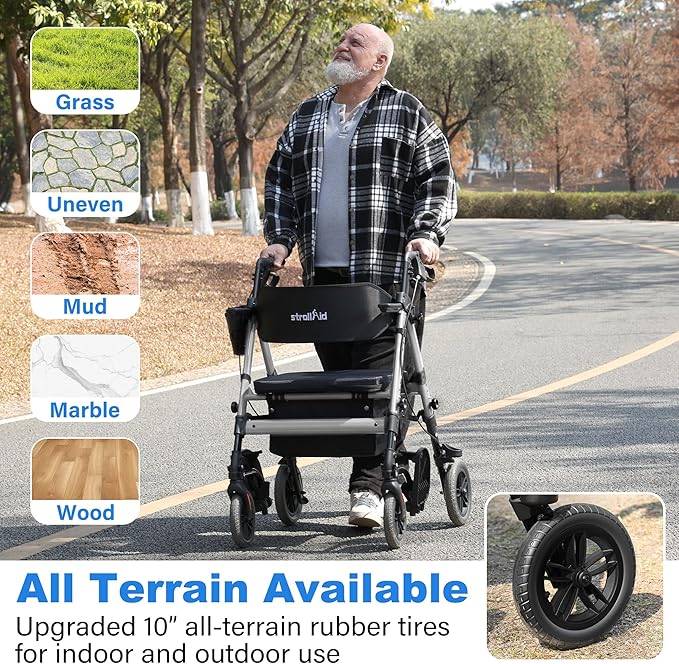 Walkers for Seniors,Heavy Duty Rollator Walker Wheelchair Combo, 2 in 1 Rollator Transport Chair with Brakes, 450 lb Rolling Walker 10" Big Wheels for All Terrain, Grey