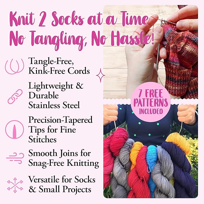 KnitPal 24-in(60cm) Metal Circular Knitting Needles Set Two Circular Method - 12 Pcs, 6 US Sizes: 0/2mm,1/2.25mm,1.5/2.5mm,2/2.75mm,3/3.25mm,4/3.5mm - Free Patterns & eBook for Knitters