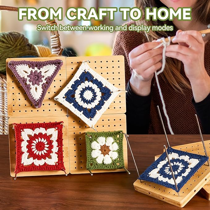 4-Pack 4.7" Crochet Blocking Boards with 25 Steel Pins Pegs, Assembles into 9.4" Standable Granny Square Blocking Board for Crochet Projects, for Crocheting and Knitting, 4 in 1 Gifts for Crocheter