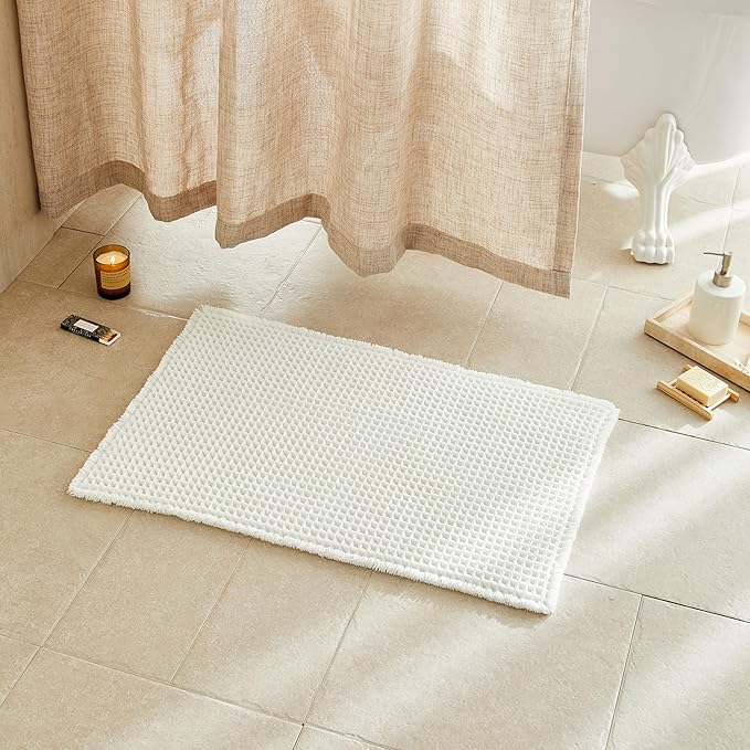 Cream White Bathroom Rugs, Waffle Bath Mat Non Slip Washable Super Absorbent Quick Dry Boho Farmhouse Bathroom Decor, 24"x16" Cream White