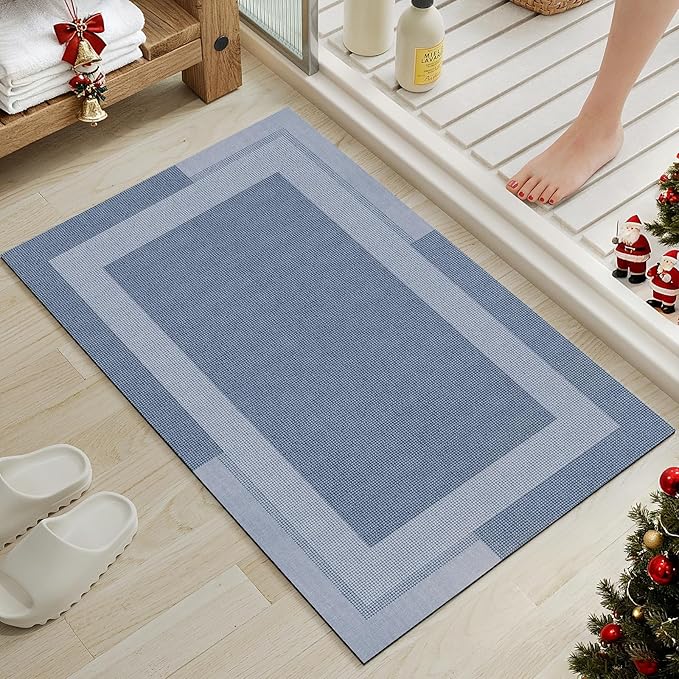 Non Slip Bath Mat, Rubber Backing Ultra Thin Bathroom Rugs Fit Under Door Quick Dry Super Absorbent Washable Bath Rug Shower Mat for Bathroom Floor Bathtub Shower Sink, Easy Care Blue 16"x 24"