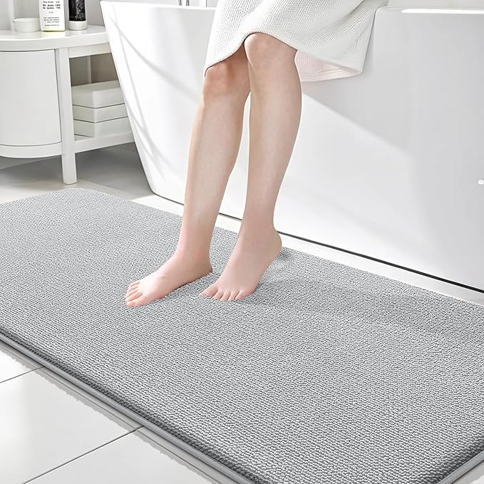 OLANLY Thick Memory Foam Bath Mat Rug 70x24, Extra Soft Absorbent Bathroom Rug, Quick Dry Bath Mats, Non-Slip, Machine Washable Carpet for Bathroom, Tub and Shower, Home Decor Accessories, Light Grey