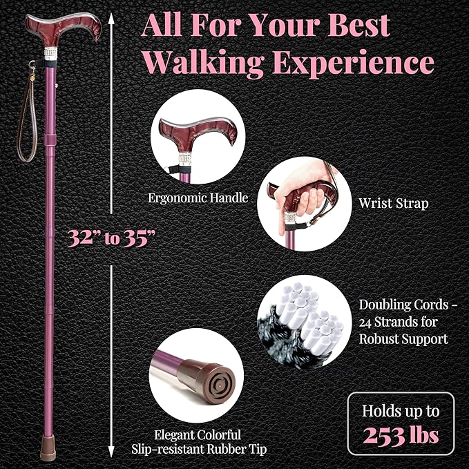 Merry Sticks Designer Foldable Walking Canes with Finest European Crystals, Folding Cane for Women and Men, Adjustable & Collapsible Walking Stick for Senior, Stylish Rhinestone Gift - Royal Burgundy