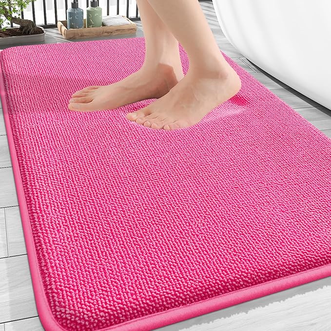 OLANLY Thick Memory Foam Bath Mat Rug 30x20, Extra Soft Absorbent Bathroom Rug, Quick Dry Bath Mats, Non-Slip, Machine Washable Carpet for Bathroom, Tub and Shower, Home Decor Accessories, Hot Pink