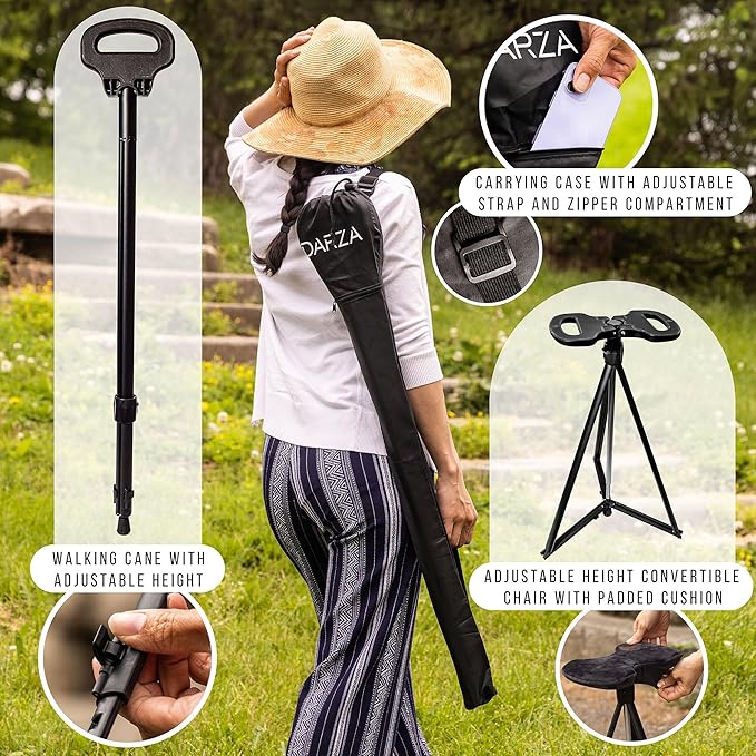Darza Adjustable Cane with Seat - Walking Stick with Seat, Cane Stool, Lightweight Aluminum and Ergonomic Design, Includes Removable Cushion and Carry Bag with Pocket Storage
