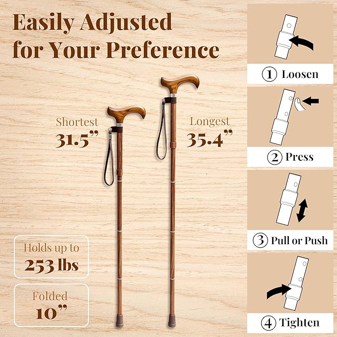 Merry Sticks Lightweight Foldable Walking Canes for Women and Men, Adjustable & Collapsible Walking Stick for Seniors, Balancing Mobility Aids, Ergonomic Handle & Wrist Strap - Sen Wood