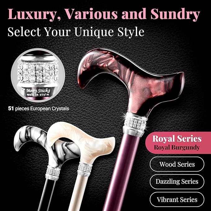Merry Sticks Designer Foldable Walking Canes with Finest European Crystals, Folding Cane for Women and Men, Adjustable & Collapsible Walking Stick for Senior, Stylish Rhinestone Gift - Royal Burgundy