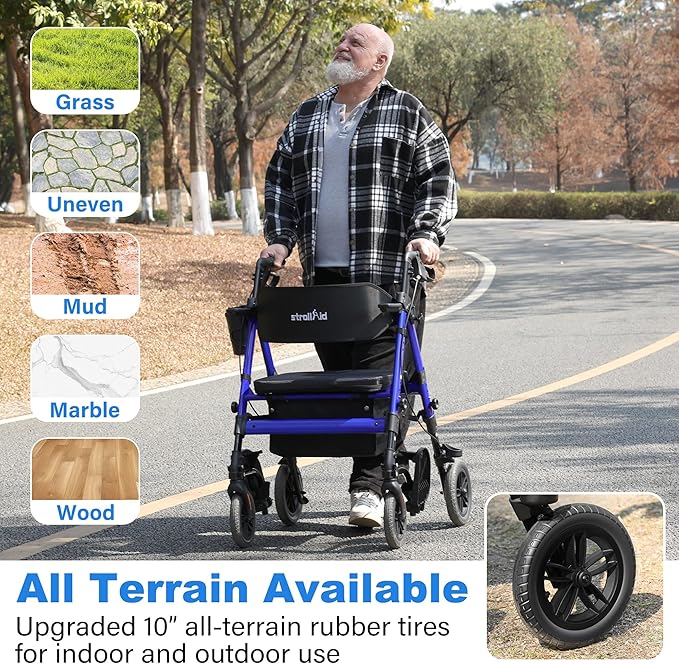 Walkers for Seniors,Heavy Duty Rollator Walker Wheelchair Combo, 2 in 1 Rollator Transport Chair with Brakes, 450 lb Rolling Walker 10" Big Wheels for All Terrain, Blue