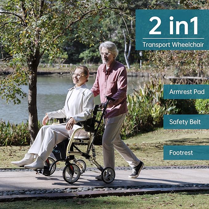 ELENKER 2 in 1 Rollator Walker & Transport Chair for Seniors, Folding Rolling Walker Wheelchair Combo with Wide Seat and Shock Absorber, Champagne