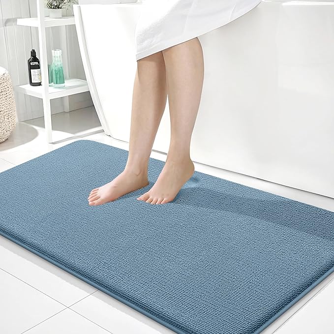 OLANLY Thick Memory Foam Bath Mat Rug 44x24, Extra Soft Absorbent Bathroom Rug, Quick Dry Bath Mats, Non-Slip, Machine Washable Carpet for Bathroom, Tub and Shower, Home Decor Accessories, Airy Blue
