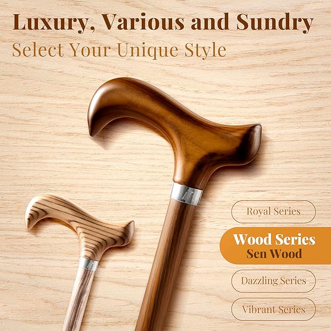 Merry Sticks Lightweight Foldable Walking Canes for Women and Men, Adjustable & Collapsible Walking Stick for Seniors, Balancing Mobility Aids, Ergonomic Handle & Wrist Strap - Sen Wood