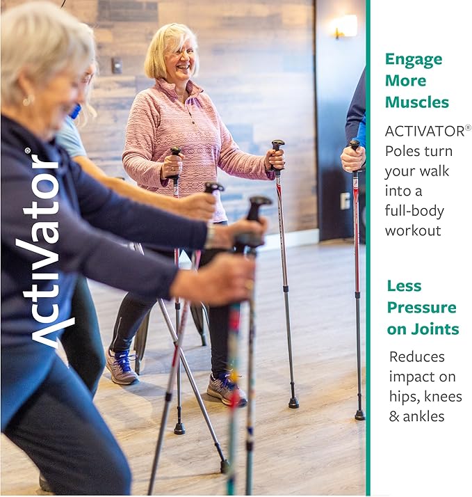 Urban Poling ACTIVATOR® Walking Poles for Balance and Rehabilitation – 1 Pair – Ergonomic CoreGrip™ Handles – Adjustable, Collapsible, and Lightweight for Stability and Recovery in Silver/Red