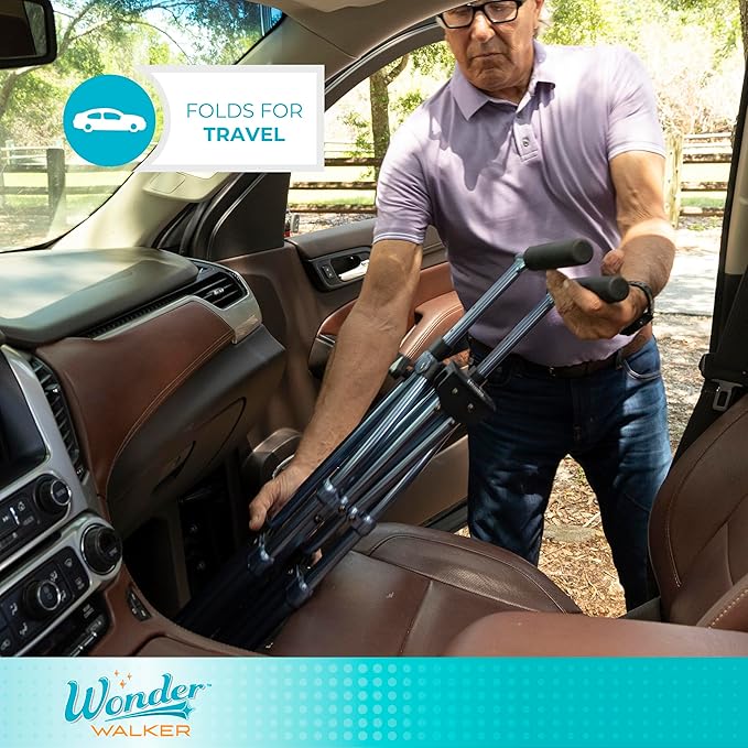 Stander Space Saver Walker, Lightweight Folding Rolling Mobility Aid for Seniors & Adults, Compact 2-Wheel Disability Device with 6-inch Wheels & Ski Glides for Walking Support, Cobalt Blue