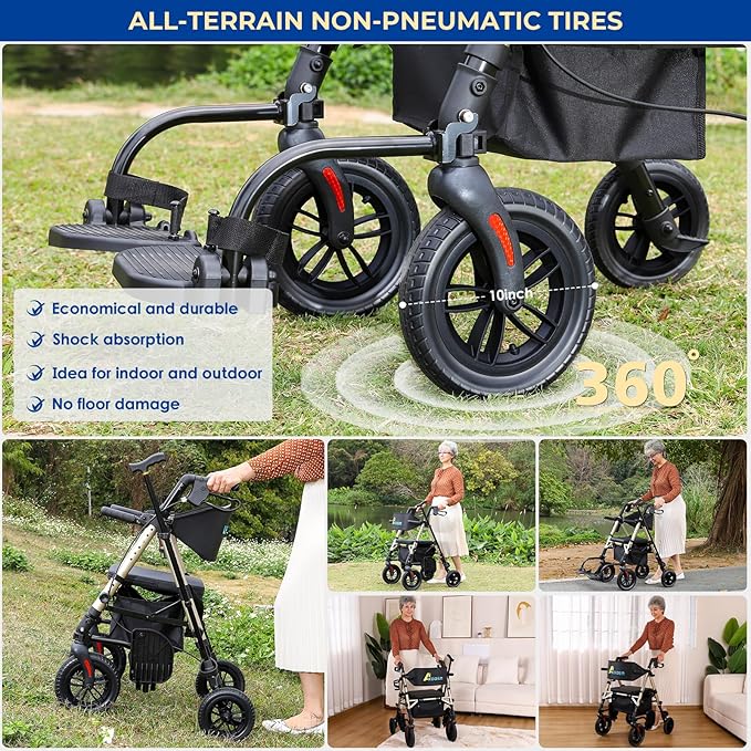 Foldable Rollator Walker for Seniors with Seat, Lightweight 2 In 1 Rolling Walkers Wheelchair Combo for Adult, Transport Chair with Brakes, Adjustable Seat & Handle, 300 Lb. Weight Capacity, Champagne