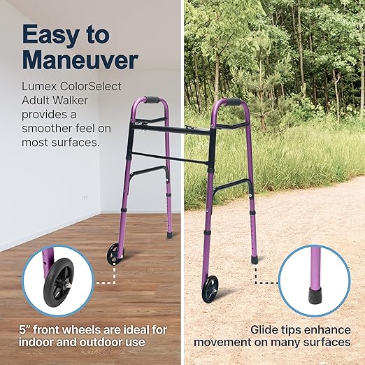 Lumex ColorSelect Walkers for Seniors, Rolling & Folding Adult Walker with Wheels, Plum