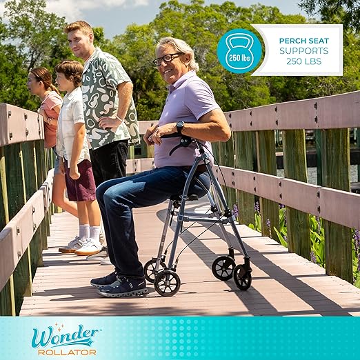Stander Space Saver Rollator Short, Lightweight Folding Walker with Seat for Juniors & Petite Adults, 4-Wheel Mobility Aid with 6-inch Wheels, Locking Brakes, Padded Seat & Backrest, Sport Red