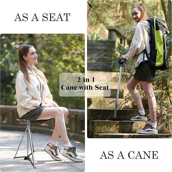 Walking Cane with Seat for Men & Women, Lightweight Anti-Slip Walking Stick with Carry Bag, Portable Stool for Senior & Adults, Foldable Cane Chair for Travel Hiking
