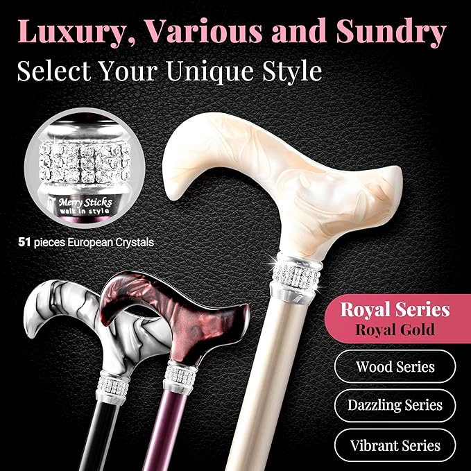 Merry Sticks Designer Foldable Walking Canes with Finest European Crystals, Folding Canes for Women and Men, Adjustable & Collapsible Canes for Seniors, Stylish Rhinestone Gift - Royal Champagne Gold