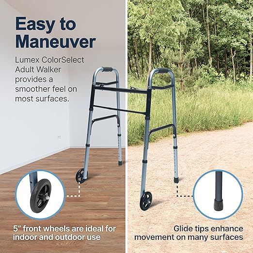Lumex ColorSelect Walkers for Seniors, Rolling & Folding Adult Walker with Wheels, Blue