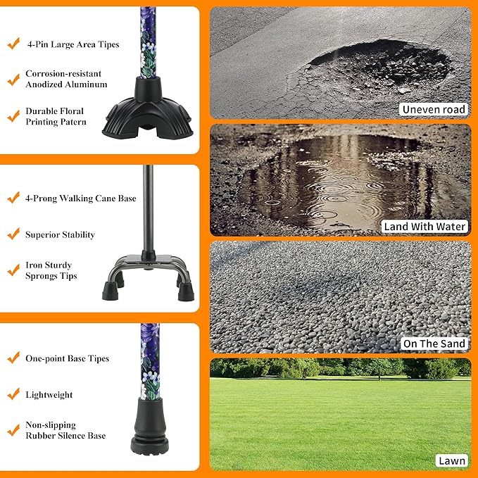 LIXIANG Walking Canes Stablize Women Quad Canes for Seniors & Adults Foldable Adjustable for Men & Women Heavy Duty Freestanding Cane for People with Leg Injuries 3 footings