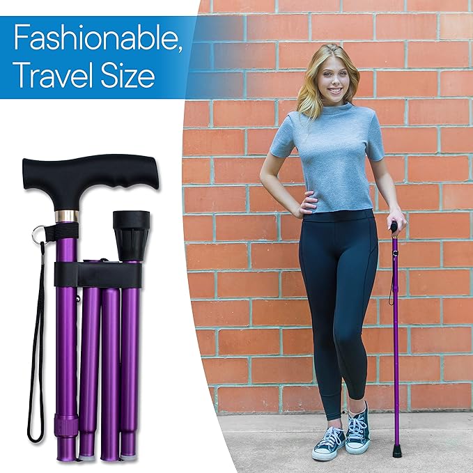 RMS Folding Cane - Foldable Walking Cane with Adjustable Height - Collapsible and Lightweight - Soft Ergonomic Handle for Comfortable Grip - Portable Walking Stick for Mobility Aid