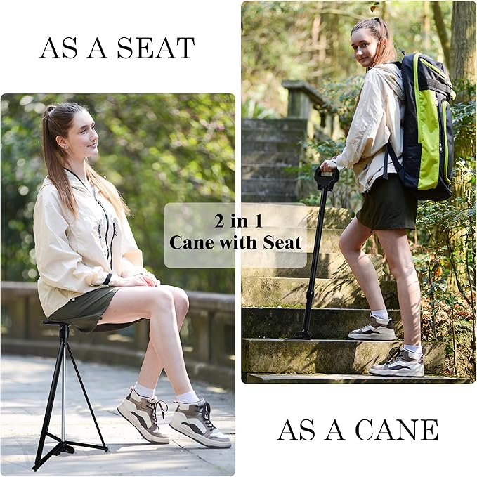 Walking Cane with Seat for Men & Women, Lightweight Anti-Slip Walking Stick with Carry Bag, Portable Stool for Senior & Adults, Foldable Cane Chair for Travel Hiking